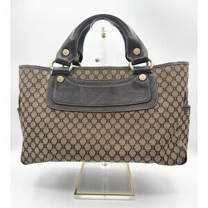 Celine Brown Canvas Boogie Bag Macadam Monogram Pattern Leather Trim Vintage